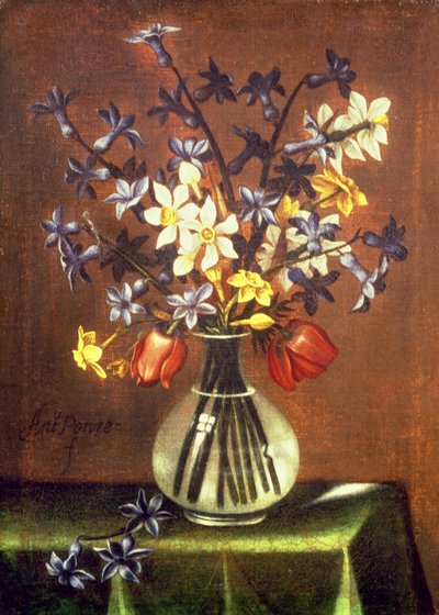 Stilleben av blomster inkludert hyasint, tulipaner og fasanøye (olje) av Antonio Ponce
