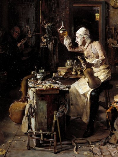 Detalj av: "" Den italienske luthier Stradivarius (1644-1737) i verkstedet hans"" Maleri av Antonio Rinaldi (1800-tallet) 1886 Cremone, Museo Civico av Antonio Rinaldi