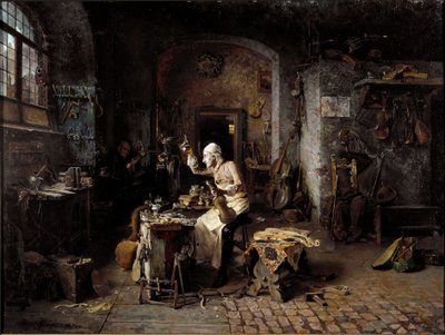 Den italienske luthier Antonio Stradivari (Stradivarius) (1644-1737) i verkstedet sitt av Antonio Rinaldi