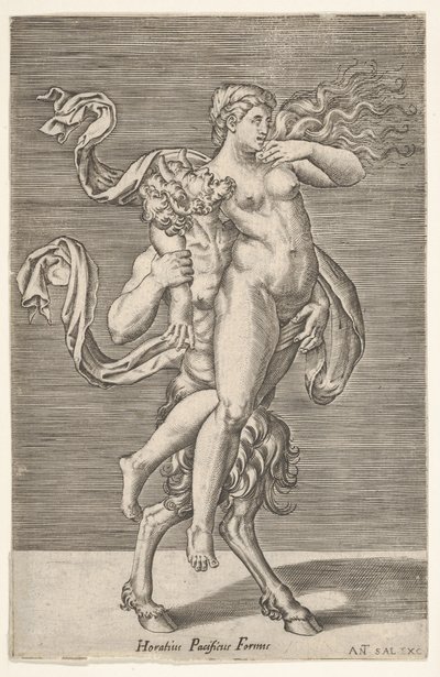 Satyr som bærer en nymfe, hvis høyre arm er viklet rundt satyrens hals, med en ..., ca. 1505-62. av Antonio Salamanca