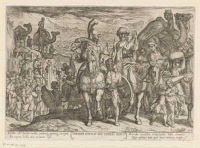 Abraham tar med seg Lot og hans familie til sitt eget land Abraham Loth, et familia reducit (tittel på objekt) Det gamle testamente kampscener (serietittel) av Antonio Tempesta