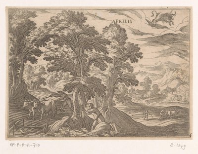 april: pløying og såing (okse) Aprilis (tittel på objekt) De tolv månedene (del 2) (serietittel) av Antonio Tempesta