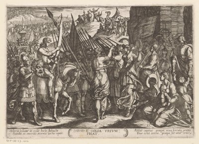 David kommer triumferende tilbake med hodet til Goliat David e Golia triumfat (tittel på objekt) Det gamle testamente kampscener (serietittel) av Antonio Tempesta