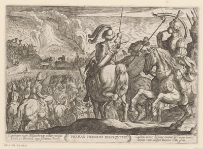 Egypterne jager israelittene gjennom Rødehavet Farao Hebreos persequitur (tittel på objekt) Det gamle testamente kampscener (serietittel) av Antonio Tempesta