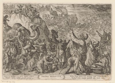 Egypterne drukner i Rødehavet Farao Mergitur (tittel på objekt) Det gamle testamente kampscener (serietittel) av Antonio Tempesta