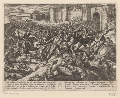 Romerne blir beseiret av de nederlandske troppene ved Bonn De bataviske krigene mot romerne (serietittel) Batavorum cum Romanis Bellum (serietittel) av Antonio Tempesta
