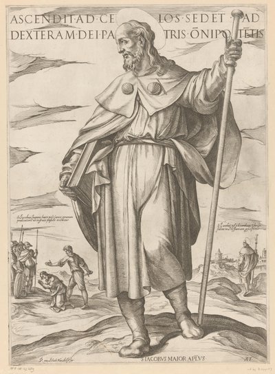 De heilige Jakobus de Meerdere Han som steg opp til himmelen sitter ved Guds, den allmektiges Fars høyre hånd (tittel på objekt) Kristus, Maria og apostelen (serietittel) av Antonio Tempesta