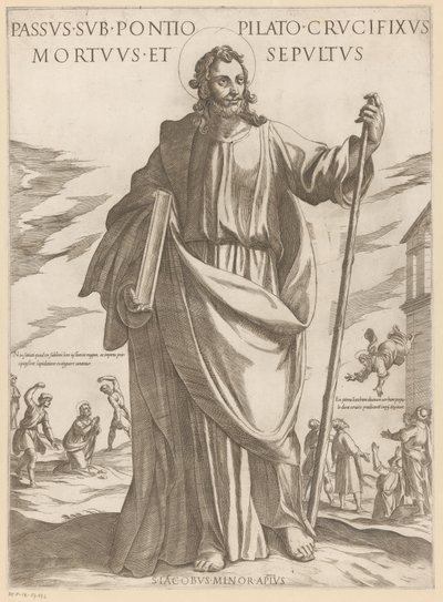 De heilige Jakobus de Mindere Lidelse under Pontius Pilatus, korsfestet, død og begravet (tittel på objekt) Kristus, Maria og apostelen (serietittel) av Antonio Tempesta