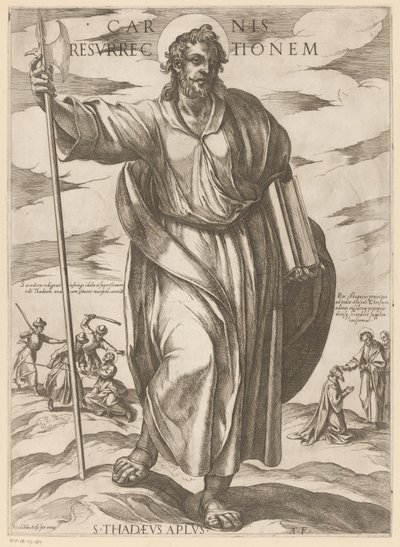 Den hellige Judas Taddeus Kjødets oppstandelse (tittel på objekt) Kristus, Maria og apostelen (serietittel) av Antonio Tempesta