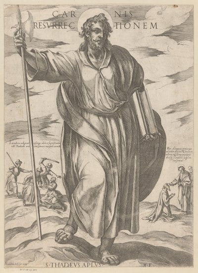 Den hellige Judas Taddeus Kjødets oppstandelse (tittel på objekt) Kristus, Maria og apostelen (serietittel) av Antonio Tempesta