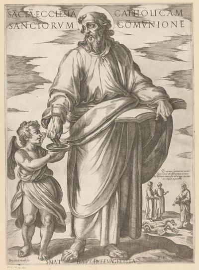 Av Saint Matthew Den hellige katolske kirke i de helliges nattverd (tittel på objekt) Kristus, Maria og apostelen (serietittel) av Antonio Tempesta