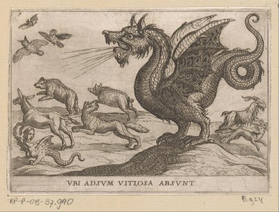 En drage jager bort andre dyr Ubi adsum vitiosa absunt (tittel på objekt) Kampdyr (serietittel) av Antonio Tempesta