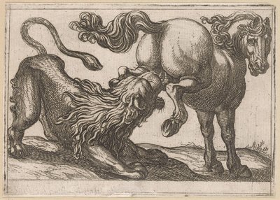 En hest som sparker en løve Kjempedyr (serietittel) av Antonio Tempesta