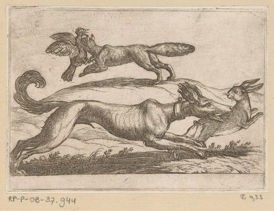 En rev angriper en kylling og en hund angriper en hare Kampdyr (serietittel) av Antonio Tempesta