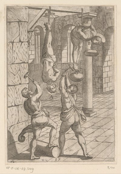 Tortur med hammere mens de henger Tortur påført av kristne martyrer (serietittel) Varia tormentorum et supplicioru crudelium (...) (serietittel) av Antonio Tempesta