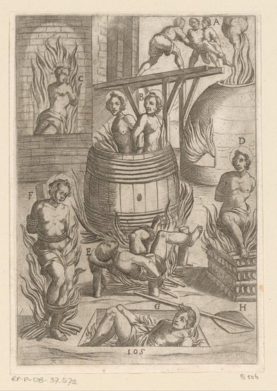 Tortur med forskjellige måter å brenne på Tortur påført av kristne martyrer (serietittel) Varia tormentorum et supplicioru crudelium (...) (serietittel) av Antonio Tempesta