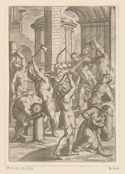 Tortur med sverd, spyd og pil og bue Tortur påført av kristne martyrer (serietittel) Varia tormentorum et supplicioru crudelium (...) (serietittel) av Antonio Tempesta