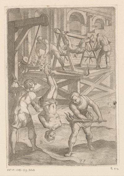 Tortur: Henging og brenning Tortur påført av kristne martyrer (serietittel) Varia tormentorum et supplicioru crudelium (...) (serietittel) av Antonio Tempesta