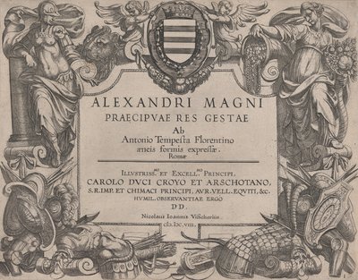 Frontispice til livet til Alexander den store, til venstre er Bellona og til høyre en kvinne ..., 1608. av Antonio Tempesta