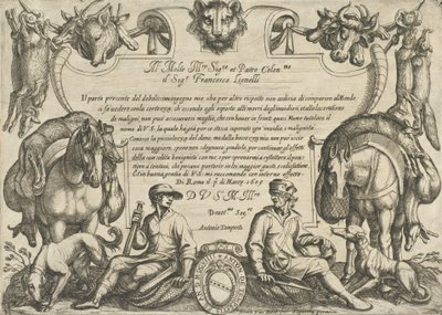 Frontispice med jegere, hunder og hester, fra 