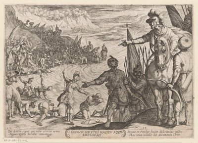 Gideon velger sine soldater Gedeon milites haustu aquae explorat (tittel på objekt) Det gamle testamente kampscener (serietittel) av Antonio Tempesta