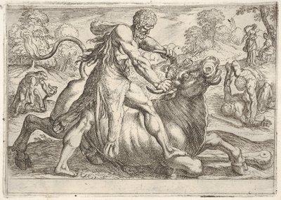 Hercules og Achelous: i sentrum griper Hercules hornene til en okse mens han trykker på ri..., 1608. av Antonio Tempesta