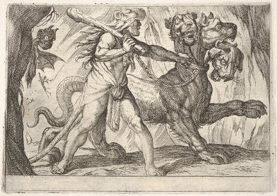 Hercules og Cerberus: Hercules griper kragen til Cerberus, to demoner dukker opp til venstre..., 1608. av Antonio Tempesta