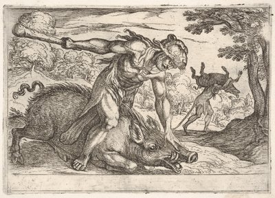 Hercules and the Boar of Erymanthus: Hercules holder ned villsvinens tryne med venstre ha..., 1608. av Antonio Tempesta
