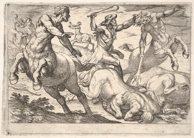 Hercules and the Centaurs: Hercules holder hodet til en kentaur med venstre hånd og hånd..., 1608. av Antonio Tempesta