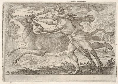 Hercules and the Hind of Mount Cerynea: Hercules skritt langs baken og griper ..., 1608. av Antonio Tempesta