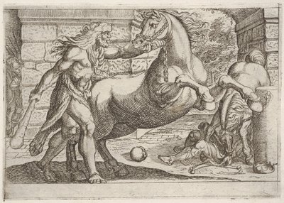 Hercules and the Mares of Diomedes: Hercules griper tøylen til en oppveksthest, en sekund..., 1608. av Antonio Tempesta