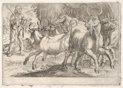 Hercules and the Oxen of Geryones: med en kølle hevet av høyre hånd, konfronterer Hercules..., 1608. av Antonio Tempesta