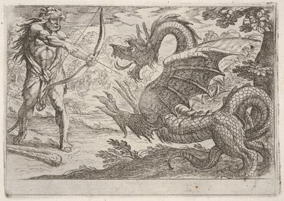 Hercules and the Serpent Ladon: Hercules trekker buen, den oppdrettende slangen dukker opp i pro..., 1608. av Antonio Tempesta