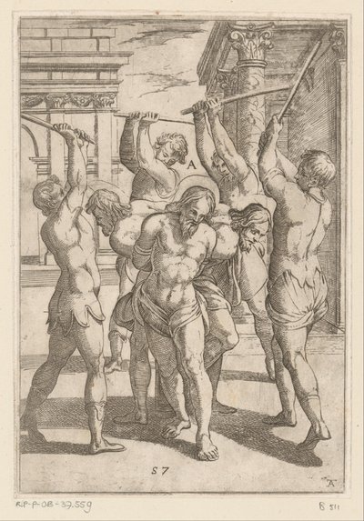 Het slaan van drie heiligen met rug aan elkaar vastgebonden Martelingen ondergaan door christelijke martelaars (series title) Varia tormentorum et supplicioru crudelium (...) (series title)   1360747   no       norwegian Successfully Translated  Original:  av Antonio Tempesta