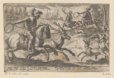 Jagers vangen herten met touwen Diverse jacht- en kampscener (serietittel) Jakt på beist, fugler og fisk. Slag med beist: og felles beist (serietittel) av Antonio Tempesta