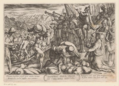 Josaphat takker Gud for hans seier Iosaphat prece vincit et thesauris potitur (tittel på objekt) kampscener fra Det gamle testamente (serietittel) av Antonio Tempesta