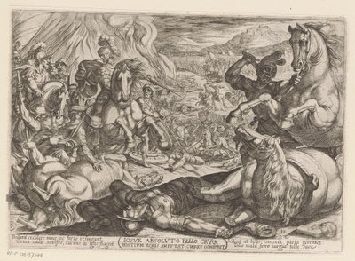 Josva lammer hestene og brenner nasjonenes vogner Iosue absoluto bello crura hostium equis amputat, currus comburit (tittel på objekt) Det gamle testamente kampscener (serietittel) av Antonio Tempesta