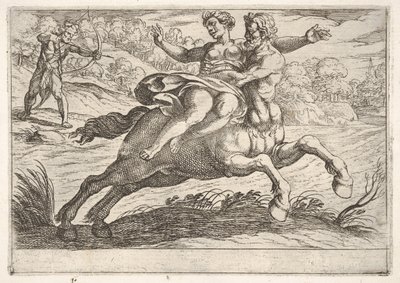 Nessus prøver å ta Dejanira fra Hercules: Nessus holder Dejanira på ryggen wh..., 1608. av Antonio Tempesta