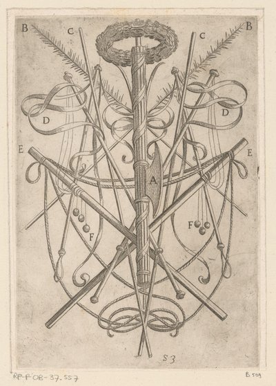 Ornament med torturverktøy Tortur påført av kristne martyrer (serietittel) Varia tormentorum et supplicioru crudelium (...) (serietittel) av Antonio Tempesta