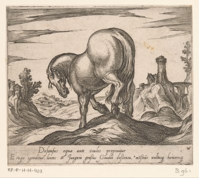 Hest som går ned en bakke sett bakfra Hester fra forskjellige land (serietittel) Hans ducibus princeps celebraberis ore viroru illa homines slo haec sideribusq locat (serietittel) av Antonio Tempesta