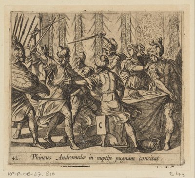 Phineus verstoort de bruiloft van Perseus en Andromeda Phineus Andromedae in nuptijs pugnam concitat (title on object) Metamorphoseon sive transformationum (series title) Metamorfosen van Ovidius (series title)   1360181   no       norwegian Successfully T av Antonio Tempesta