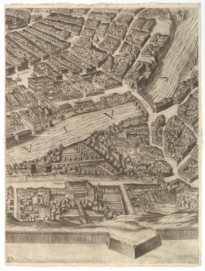 Plan for byen Roma. Del 10 med Tiberen og Villa Farnesina, 1645. av Antonio Tempesta