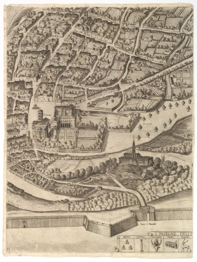 Plan for byen Roma. Del 11 med San Pancrazio venstre bredd, 1645. av Antonio Tempesta
