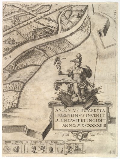 Plan for byen Roma. Del 12 med den sørvestlige grensen til byen og en stor bil..., 1645. av Antonio Tempesta