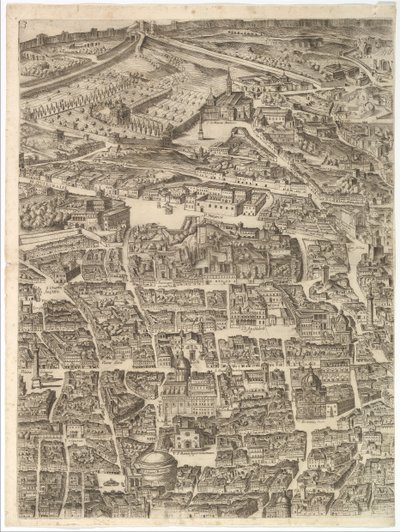 Plan for byen Roma. Del 3 med Santa Maria Maggiore, Pantheon og Trajans ..., 1645. av Antonio Tempesta