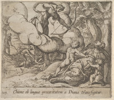 Plate 105: Diana retter buen sin mot Chione, som er ledsaget av to barn, i ant..., 1606. av Antonio Tempesta