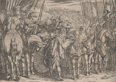 Plate 10: Alexander Finding the Body of Darius, fra The Deeds of Alexander the Great,, 1608. av Antonio Tempesta