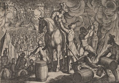 Plate 13: Angrep på den romerske festningen om natten, fra The War of the Romans Against the Ba..., 1611. av Antonio Tempesta