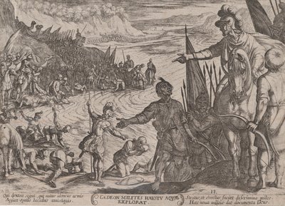 Plate 13: Gideon velger sine soldater, fra 'The Battles of the Old Testamen..., ca. 1590-ca. 1610. av Antonio Tempesta