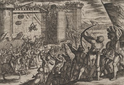 Plate 14: Nytt angrep på den gamle festningen, fra The War of the Romans Against the Batavians..., 1611. av Antonio Tempesta